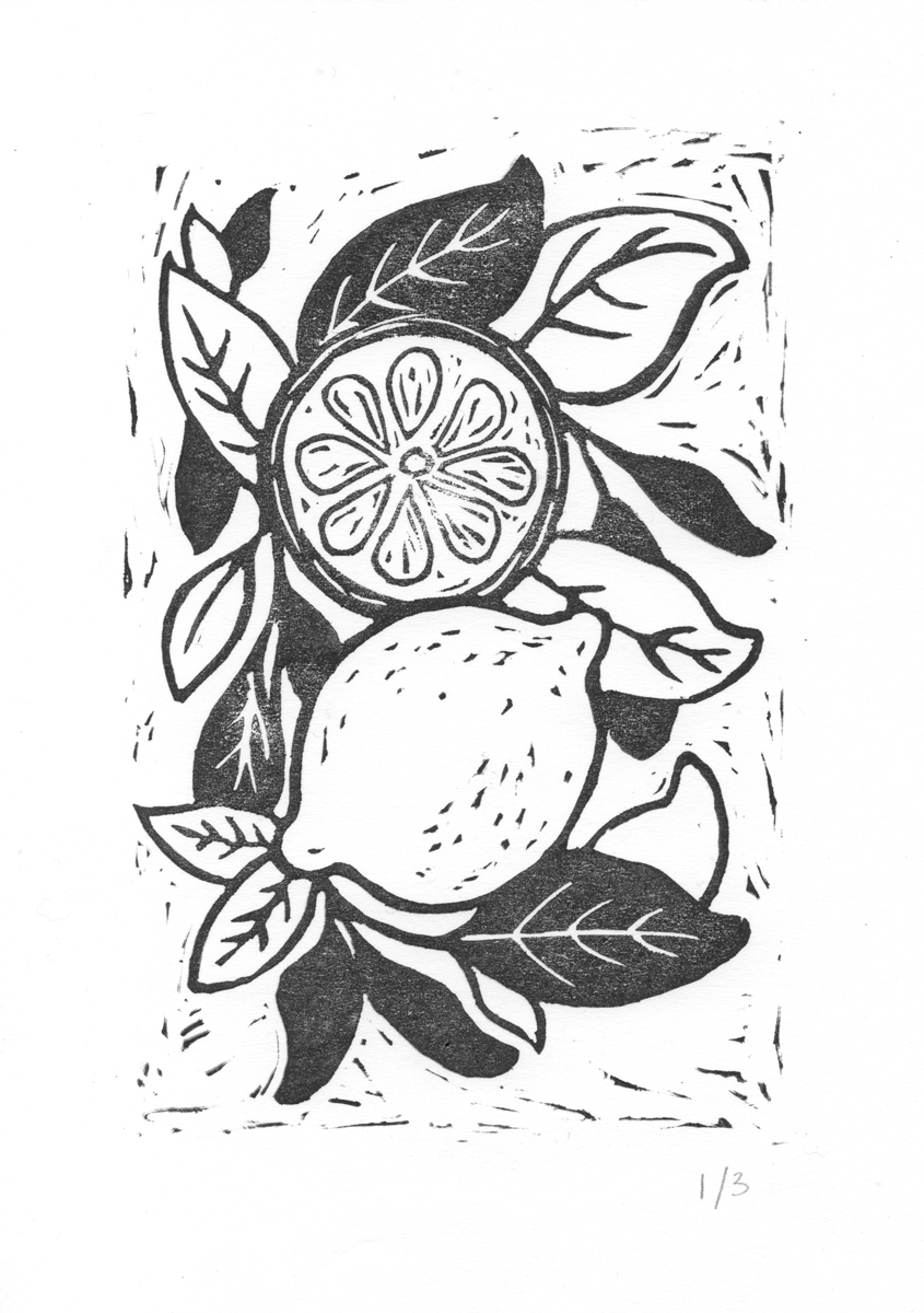 stampa di due limoni, linocut print, drawing lemons, disegno di due limoni, stampa linocut