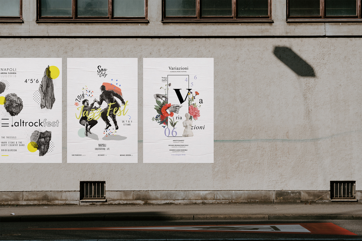 Festival di musica, Poster design, poster con collage di fiori e lettere, poster mockup, manifesti